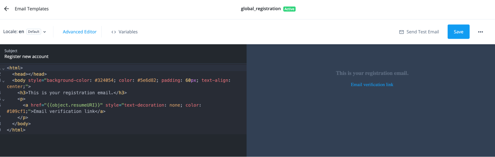 A screenshot of the ‘globalRegistration’ email switched to the advanced editor