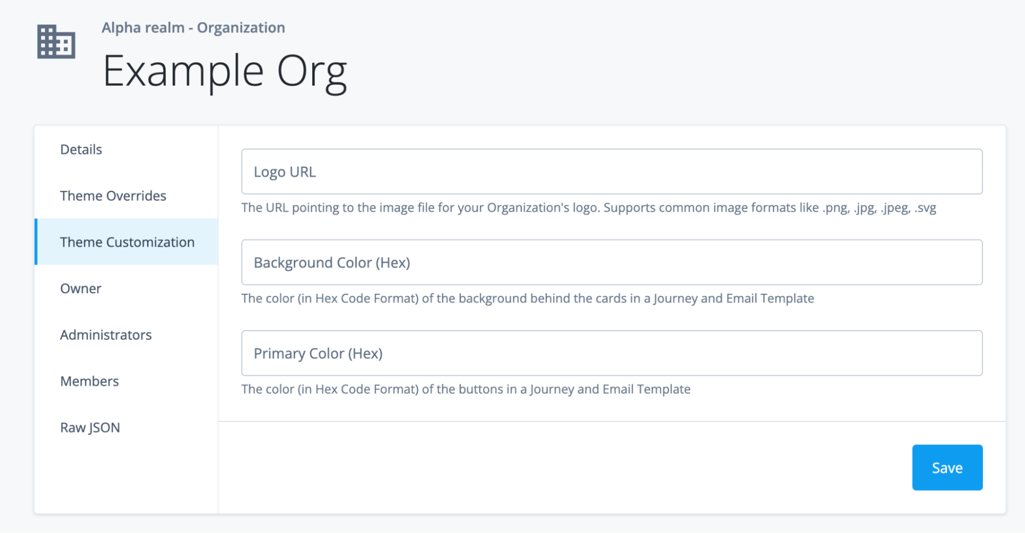 A screenshot of the ‘Theme Customization’ attributes within the “Example” organization