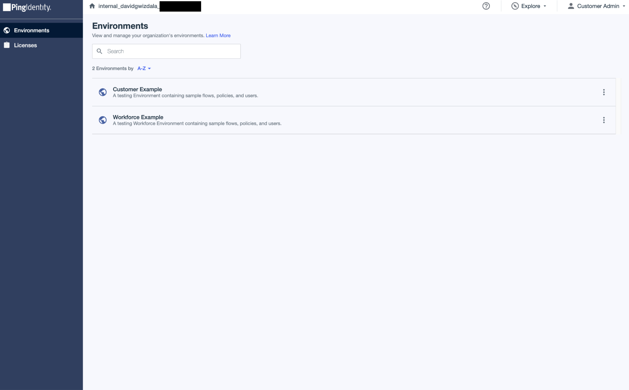 A screenshot of the customerAdmin being able to see multiple environments