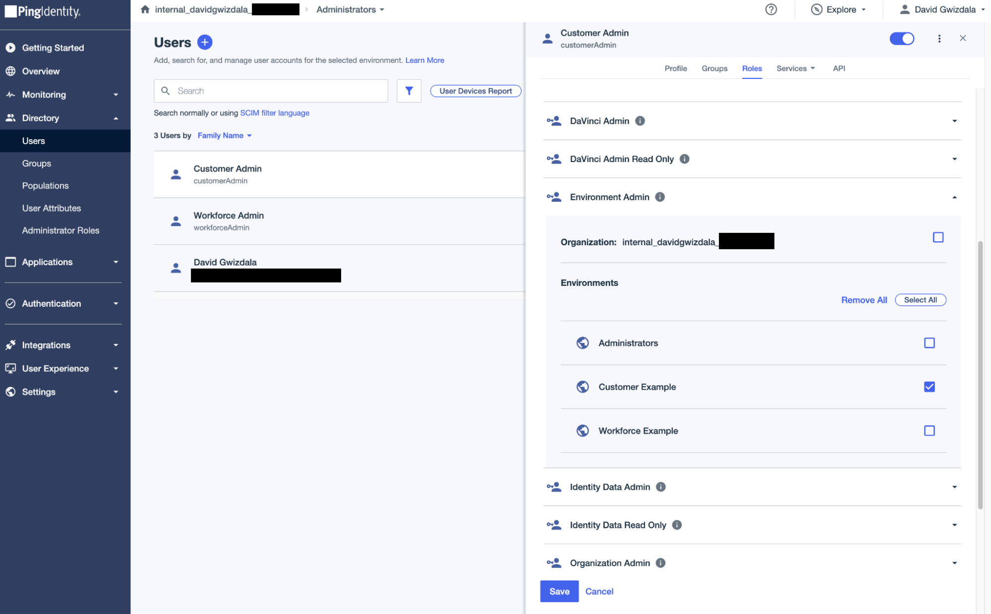 A screenshot of the admin portal where the Environment Admin permission to the Customer Environment is being granted to the customerAdmin