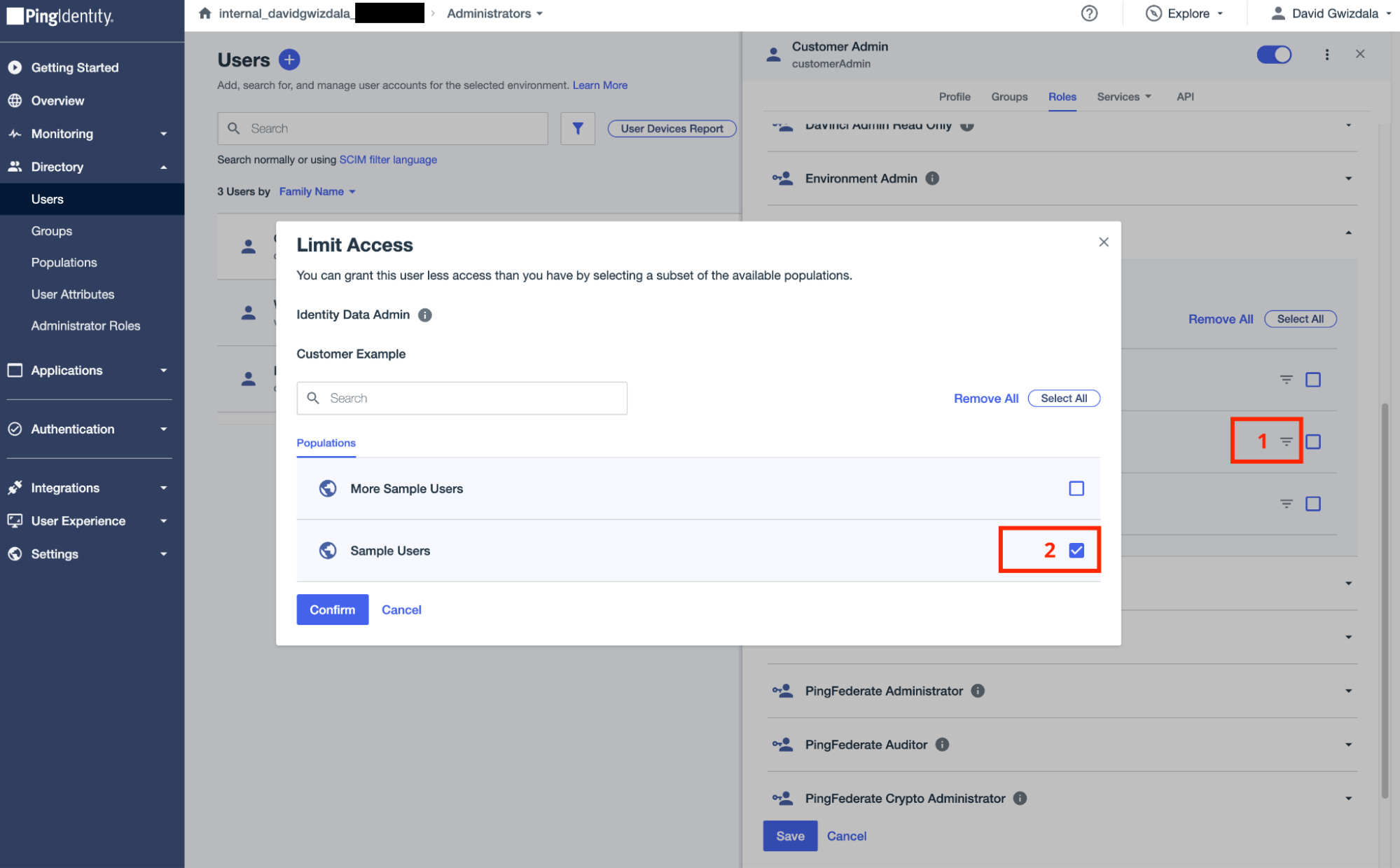 A screenshot of the admin portal where the identity data admin granted permission is filtered to a specific Population. The steps taken to the filter are highlighted.