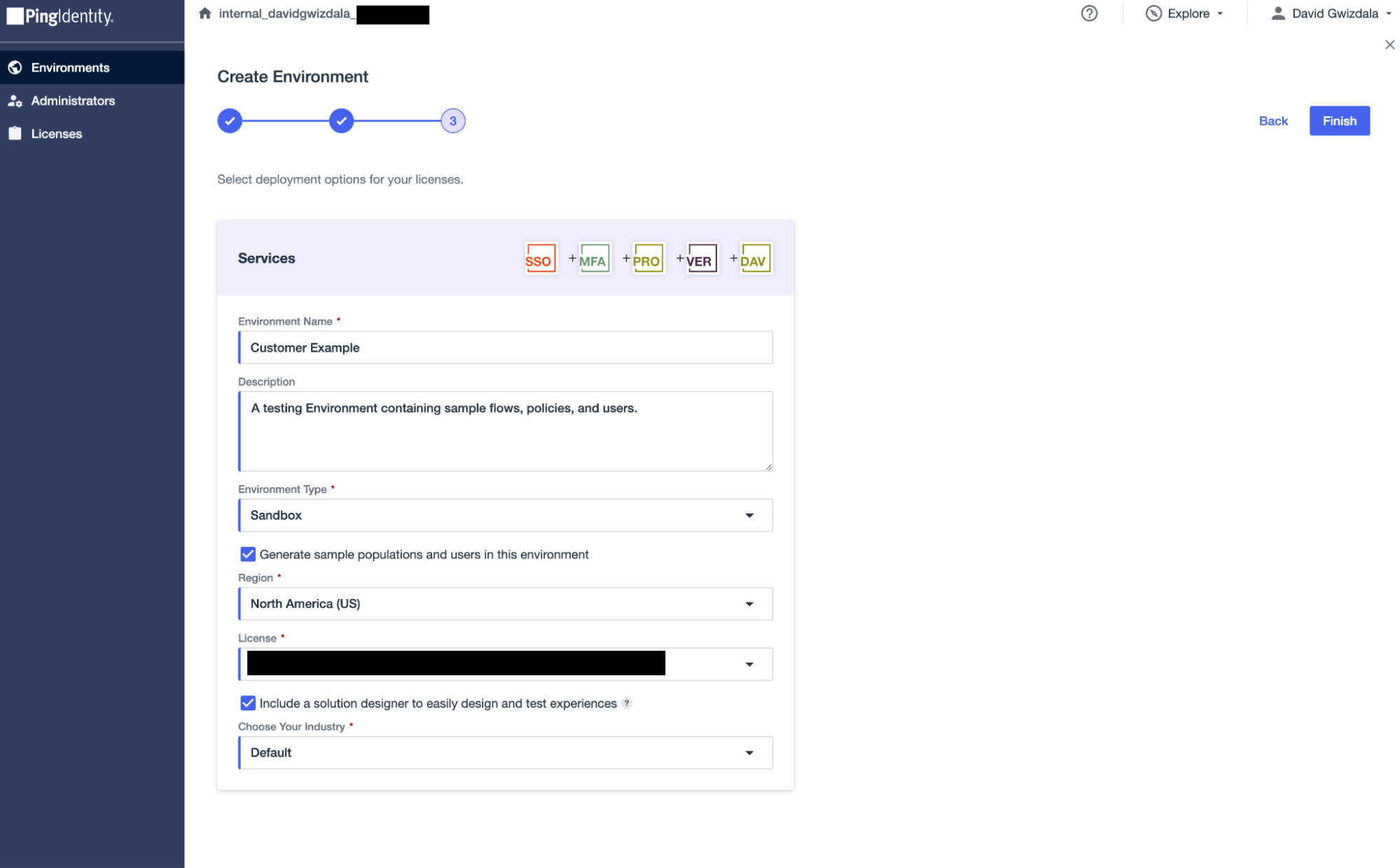 A screenshot of step 3 in creating a Customer Environment in which the details provided by the above table are entered