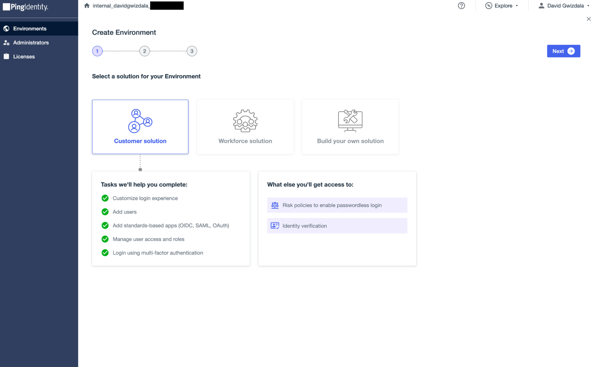 A screenshot of step 1 in creating an Environment in which the Customer solution has been selected