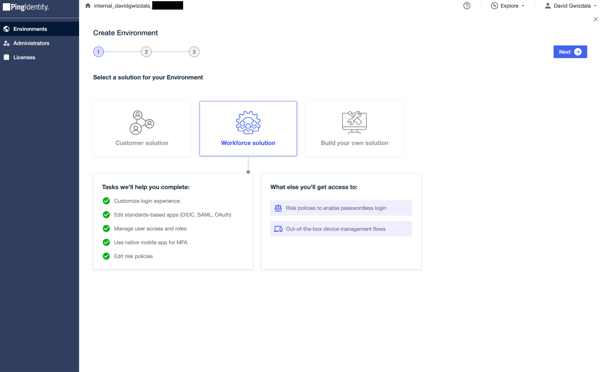 A screenshot of step 1 in creating an Environment in which the Workforce solution has been selected