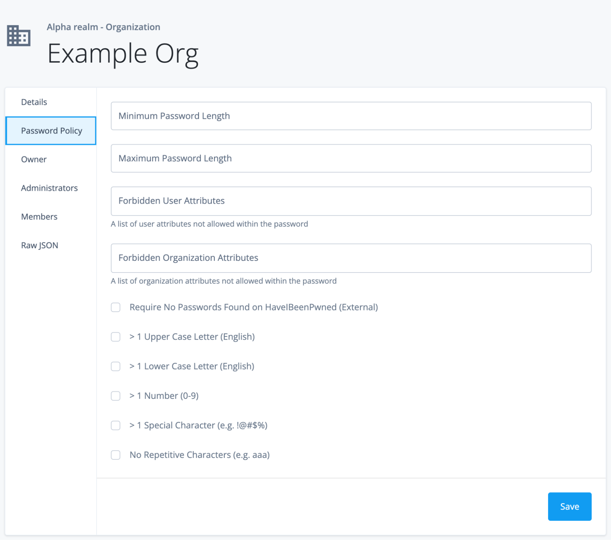 A screenshot of the Admin console where the Password Policy is available to be edited on an Organization