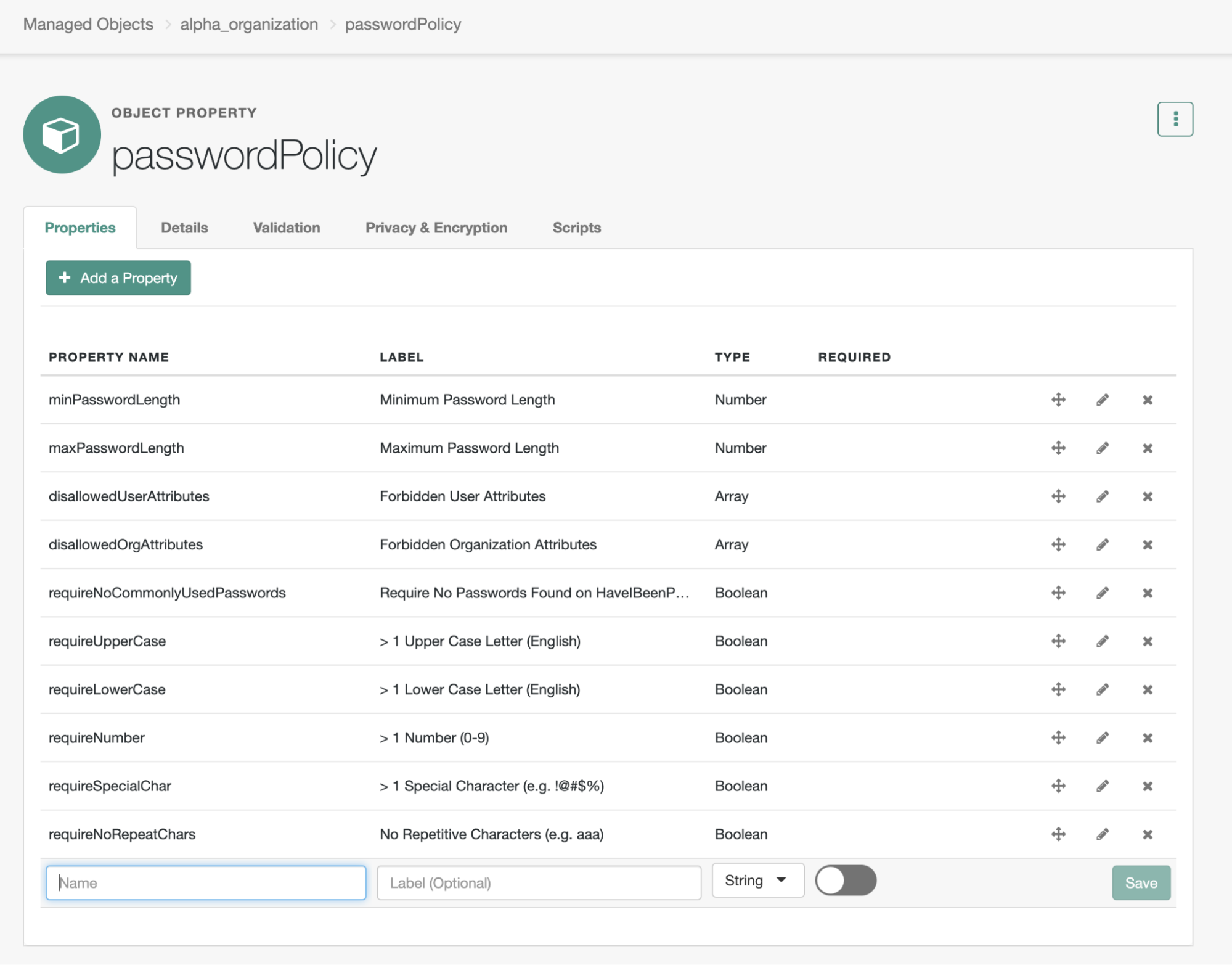 A screenshot of the Native IDM Console showing the passwordPolicy object created in the Organization