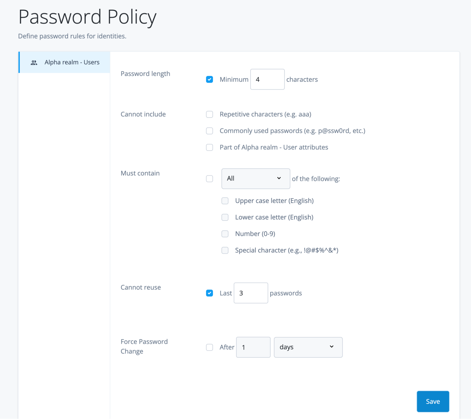 A screenshot of the password policy set for the realm using the parameters provided