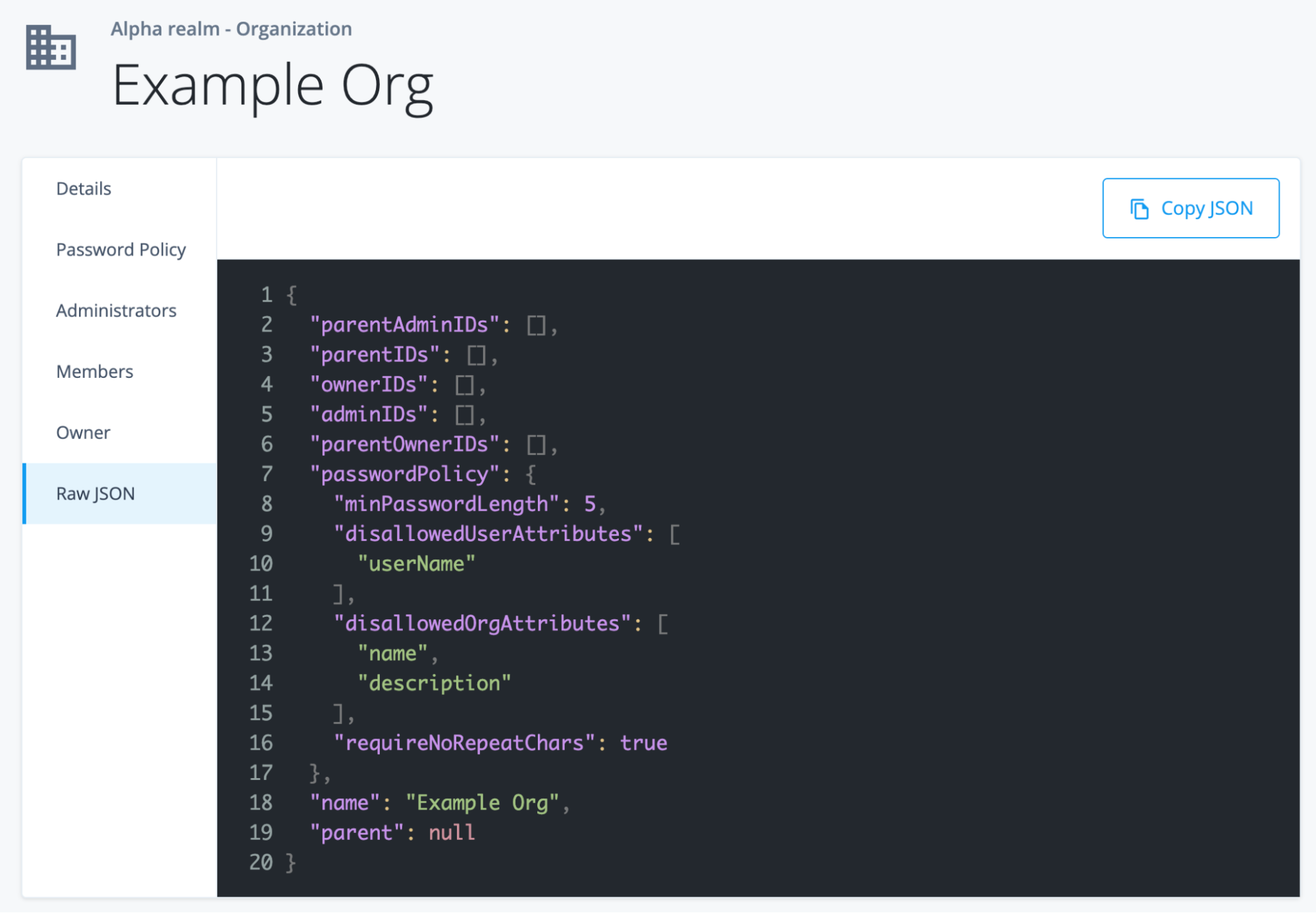 A screenshot of the updated organization’s raw JSON values, which include the inputted policy