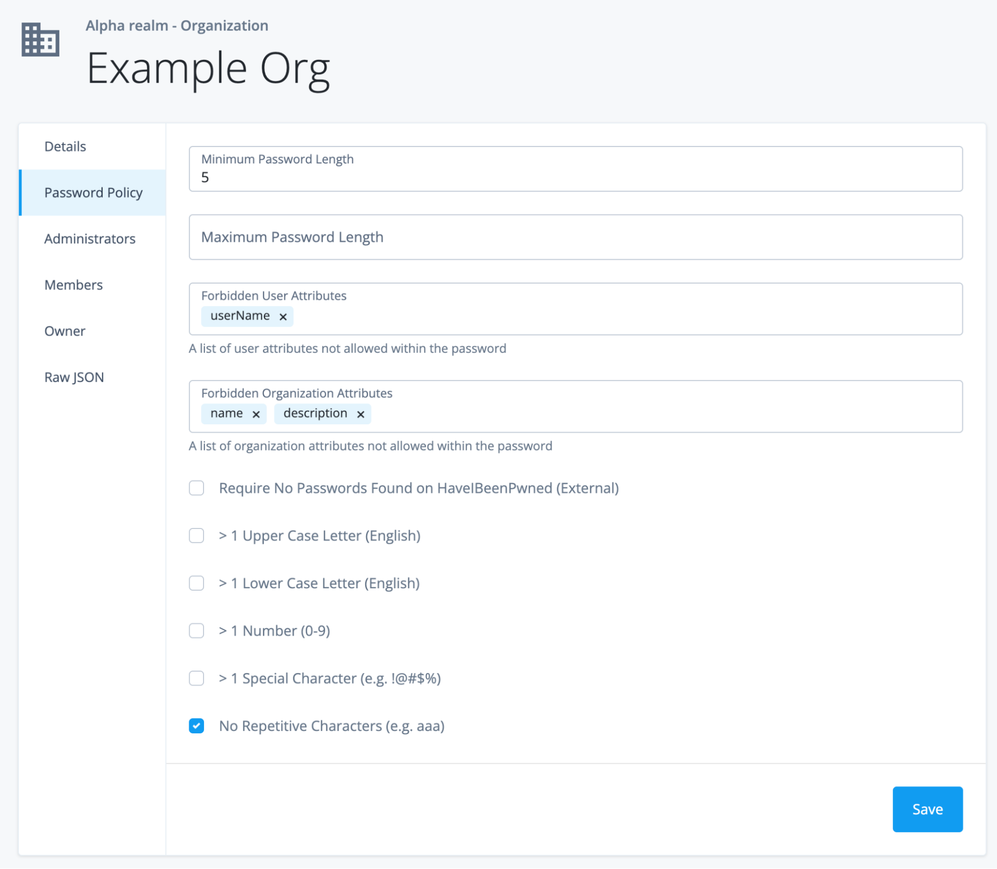 A screenshot of the Admin console where the Password Policy has been set on the organization according to the provided details