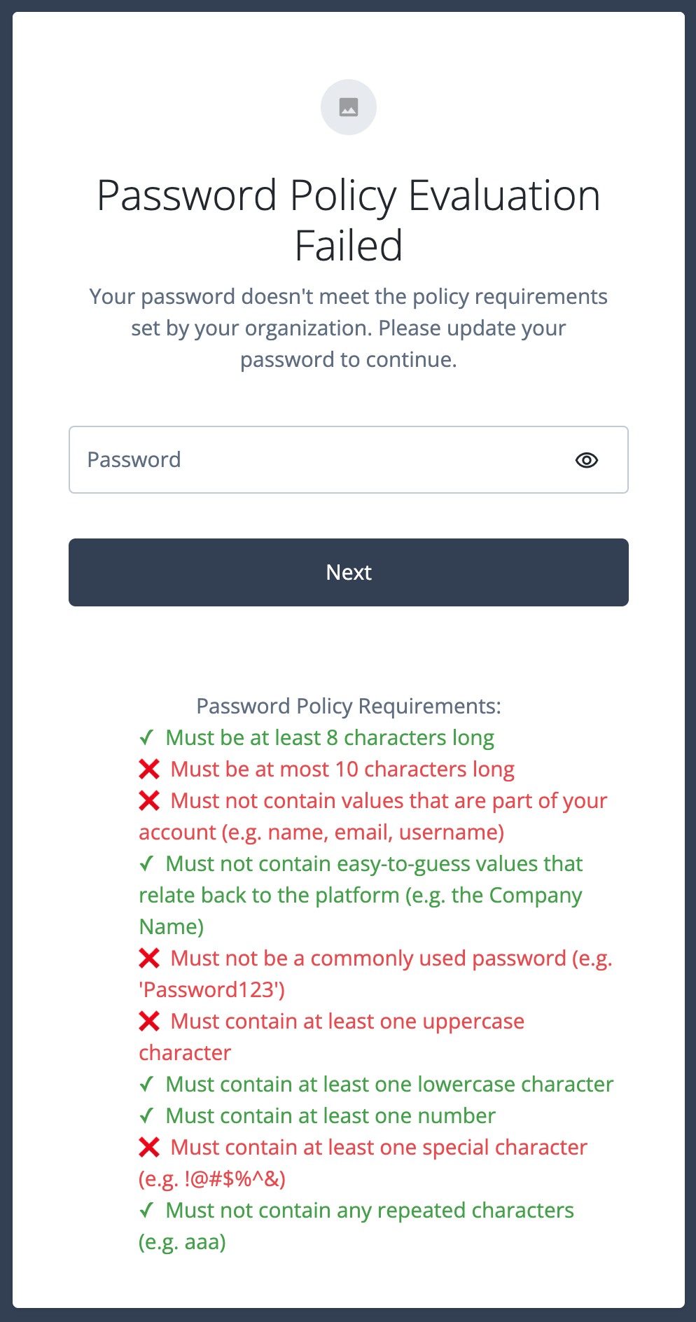 A screenshot of the user’s password being flagged as invalid along with the list of reasons why