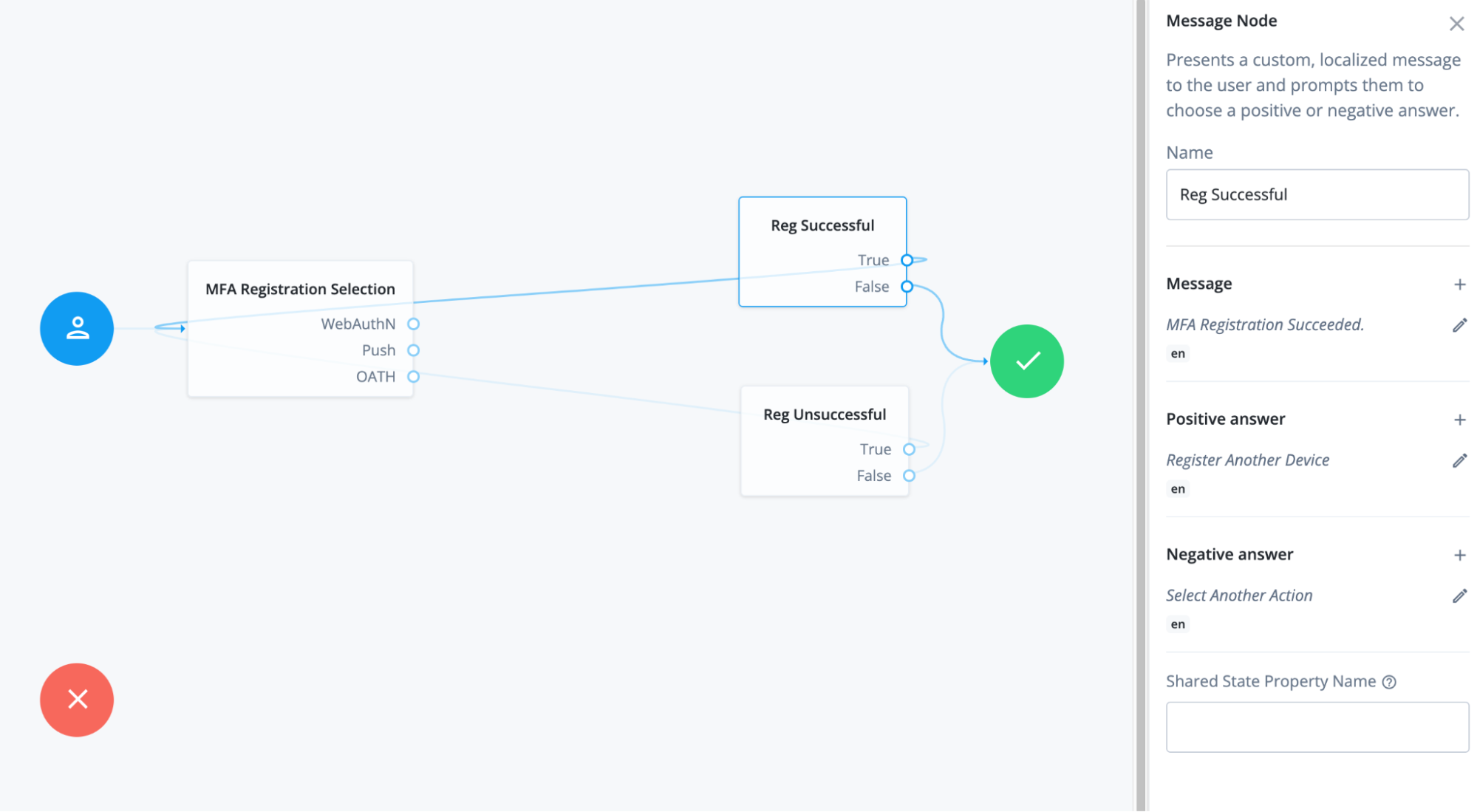 A screenshot of the Journey editor highlighting the reg successful node