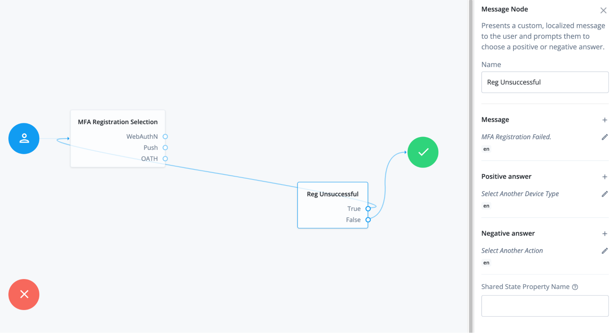 A screenshot of the Journey editor highlighting the reg unsuccessful node