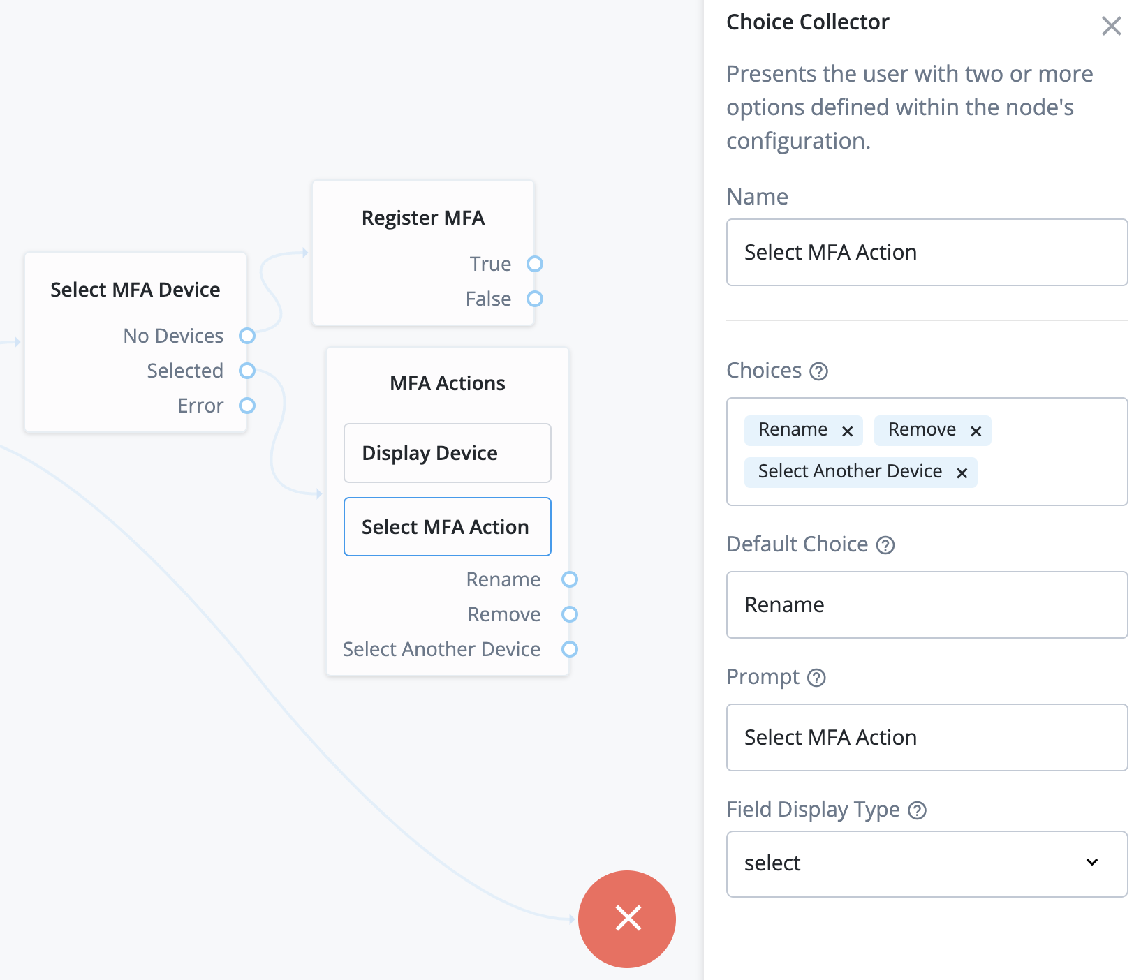 A screenshot of the Journey editor in which the display device and select mfa action have been placed inside of a page node