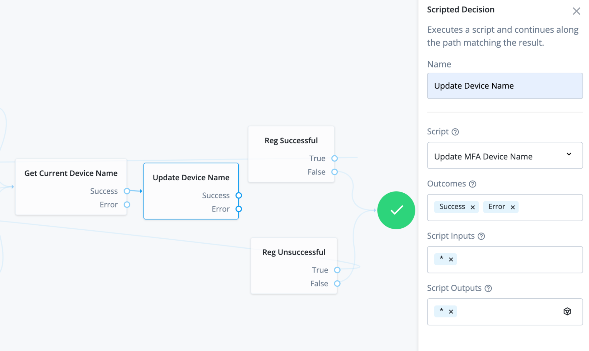 A screenshot of the Journey editor in which the update device name node has been connected to the get current device name node