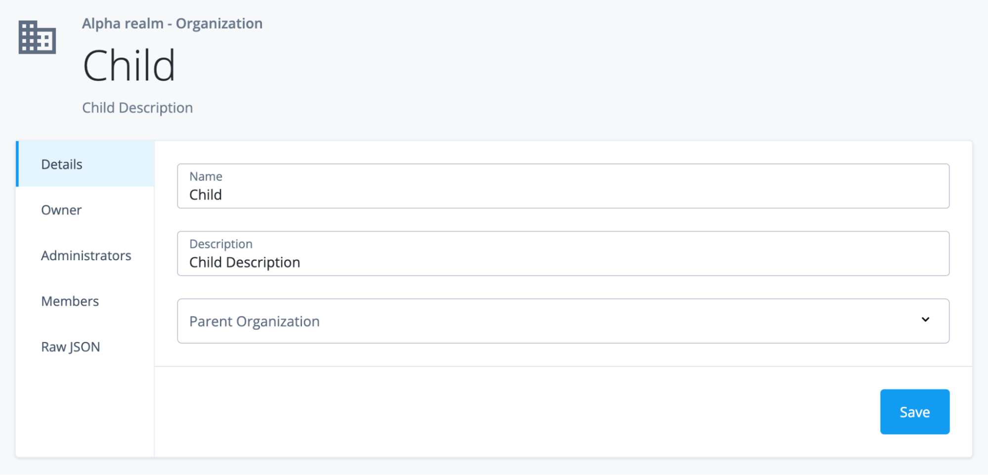 Screenshot of the Child Organization with “Child Description” set
