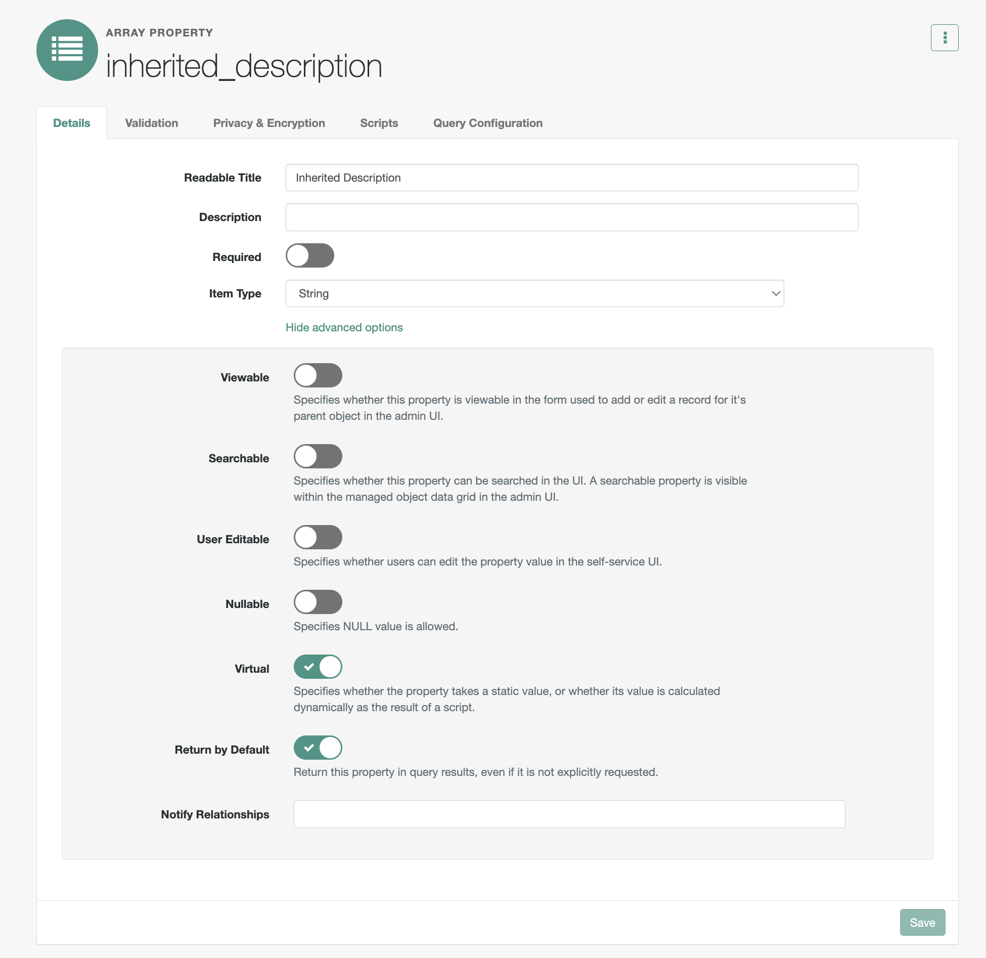 Screenshot of the inherited_description with query configuration enabled