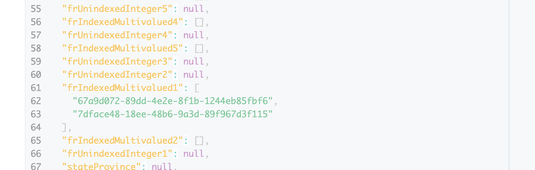 A screenshot of frIndexedMultivalue1 containing the Parent and Child Org Ids, in raw JSON