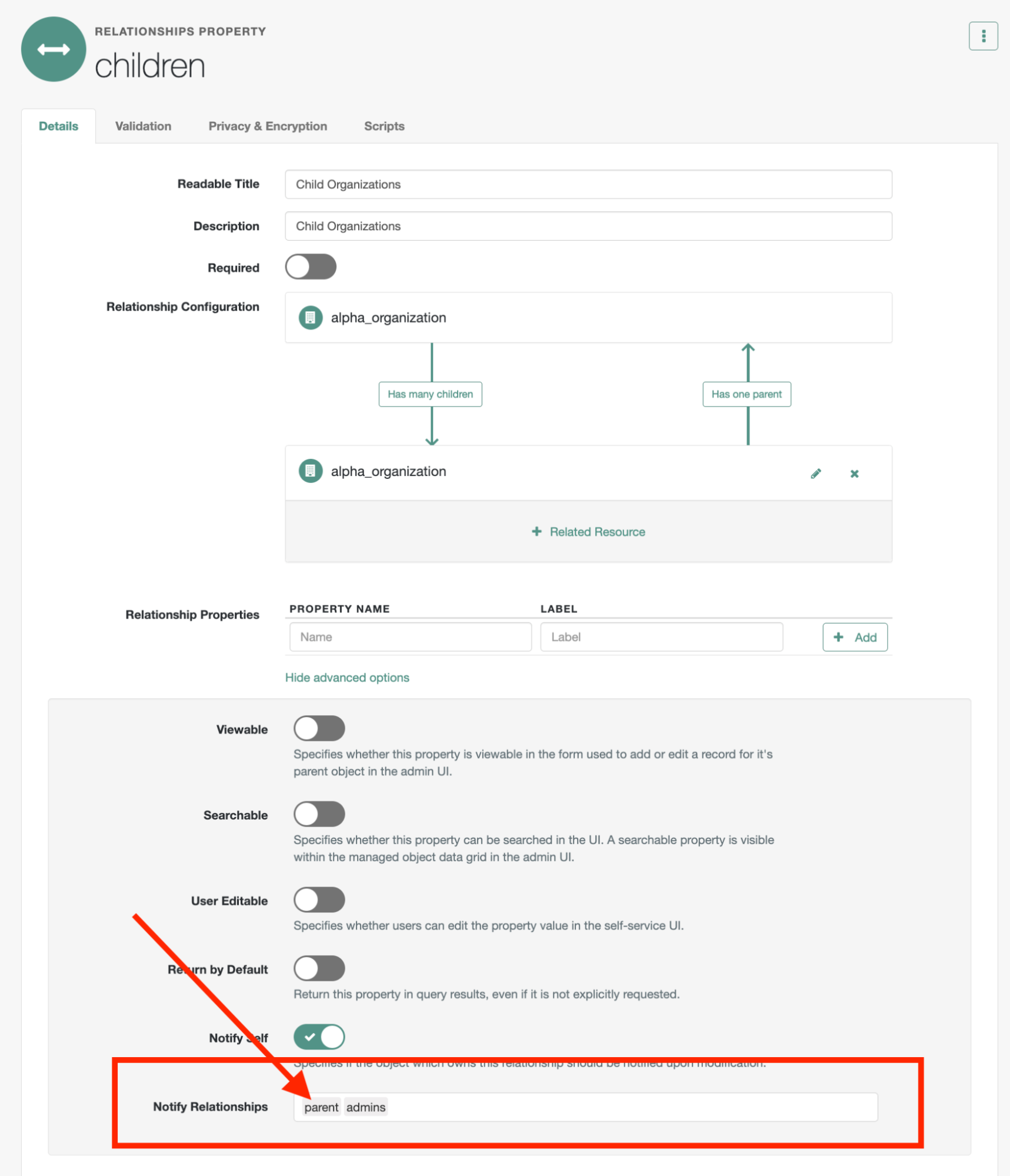 A screenshot of adding parent and admins to the child’s notify relationships field