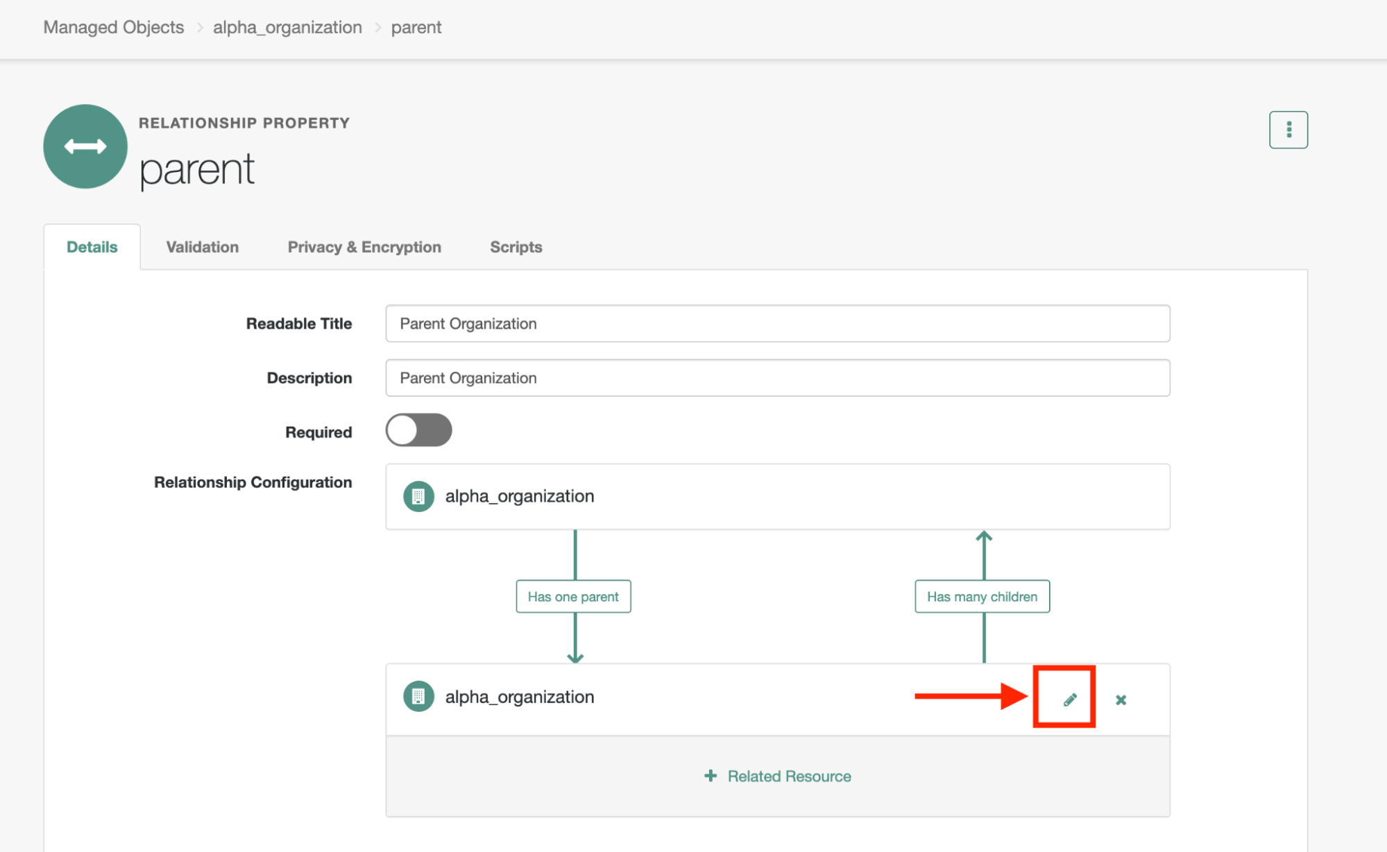 A screenshot of where the edit icon is on the Child within the Parent relationship (aria label edit, under alpha_organization)